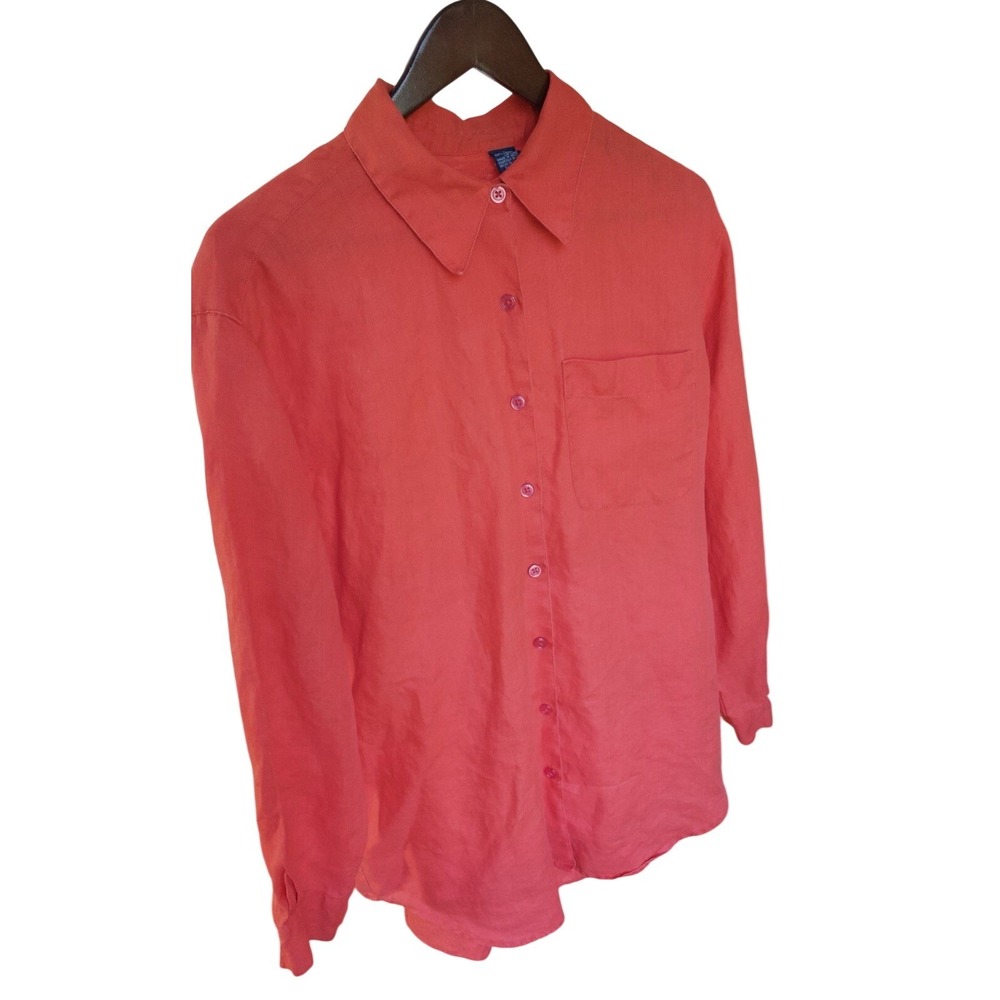 Liz Claiborne Liz Sport Linen Button Down Orange Pink Shirt Women Large